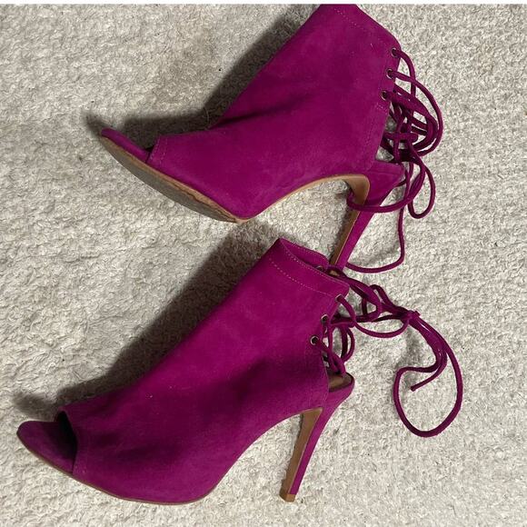 Joie Womens 37 Lexington Peep Toe Bootie Magenta Plum Barbie Heels Suede Leather - Picture 5 of 13